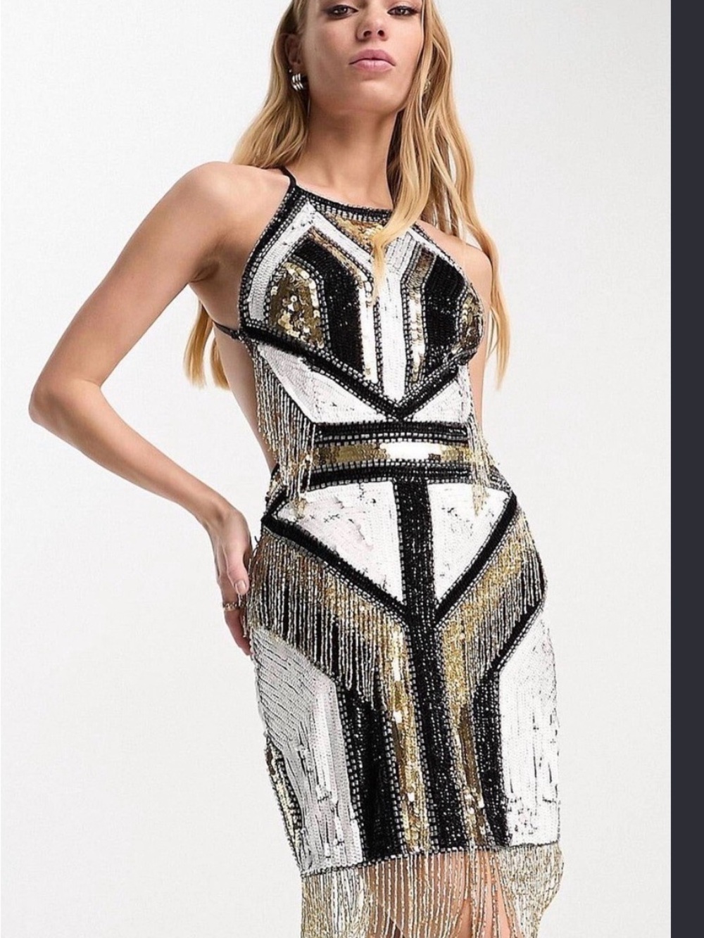 ASOS White, Black & Gold Embellished Fringe Mini Dress